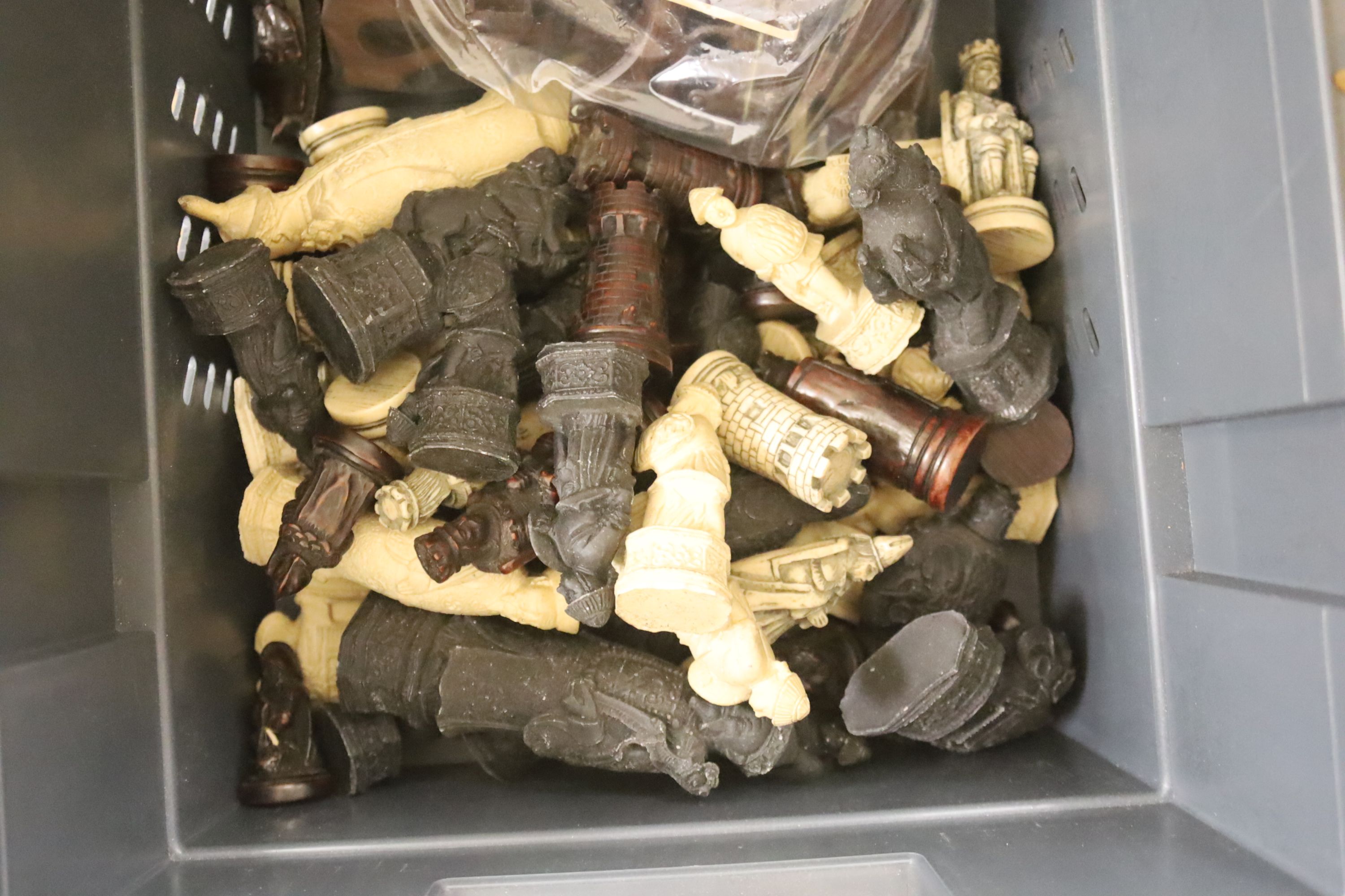 Various cased ink blocks and moulded figural chess pieces